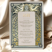 Dusty Blue Gold Jugendstil Menü Alphonse Mucha