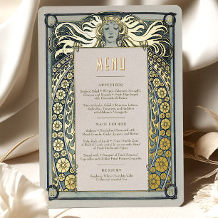 Dusty Blue Gold Jugendstil Menü Alphonse Mucha Folieneinladung