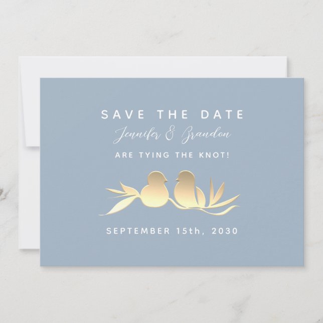 Dusty Blue Gold Lovebirds Save The Date (Vorderseite)
