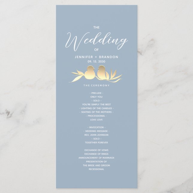 Dusty Blue Gold Lovebirds Wedding Programm (Vorderseite)