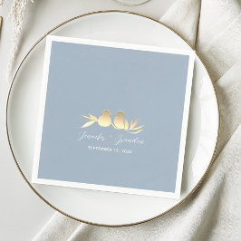 Dusty Blue Gold Lovebirds Wedding Serviette