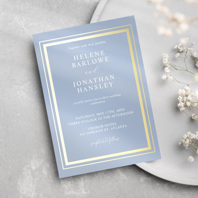Dusty Blue Gold Moderne Minimalistische Hochzeit Einladung (Dusty Blue Gold Modern Minimalist Elegant Wedding Invitation)