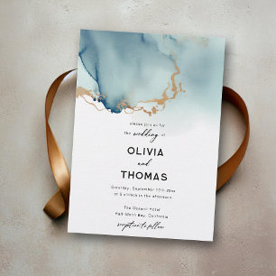 Dusty Blue Gold Moderne Romantic Chic Beach Hochze Einladung