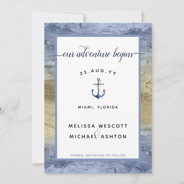 Dusty Blue Gold Nautical Navy Event Hochzeit Save The Date (Vorderseite)