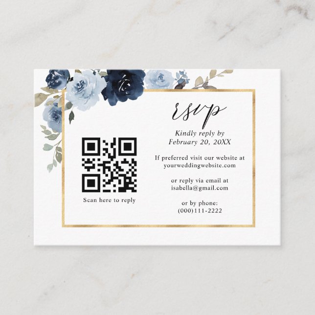 Dusty Blue Gold Navy Floral QR Code Wedding RSVP Begleitkarte (Vorderseite)