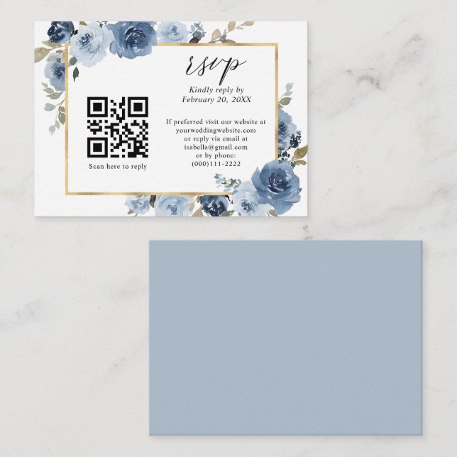 Dusty Blue Gold Pastel Floral QR Code Wedding RSVP Begleitkarte (Vorne/Hinten)