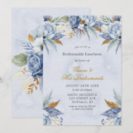 Dusty Blue Gold Peony Bridesmaids Luncheon Invites