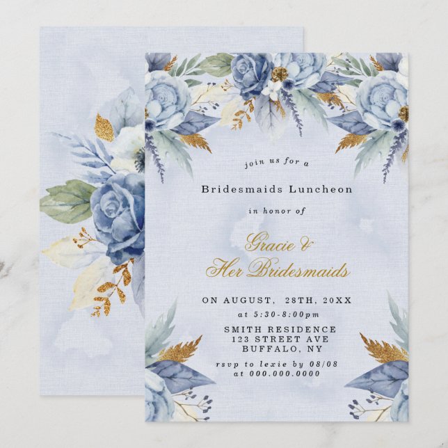 Dusty Blue Gold Peony Bridesmaids Luncheon Invites (Vorne/Hinten)