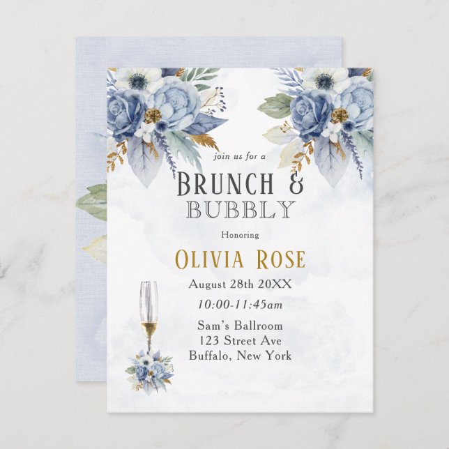 Dusty Blue Gold Peony Chic Brunch & Bubbly Einladu Einladung (Vorne/Hinten)