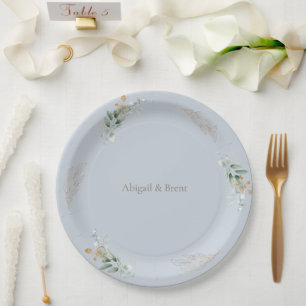 Dusty Blue & Gold Personalisiert Foliage Wedding Pappteller