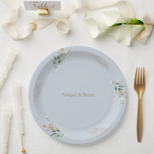 Dusty Blue & Gold Personalisiert Foliage Wedding Pappteller (Hochzeit)
