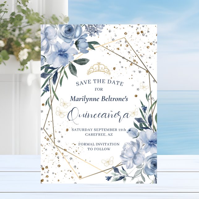 Dusty Blue Gold Quinceañera Save The Date (Von Creator hochgeladen)