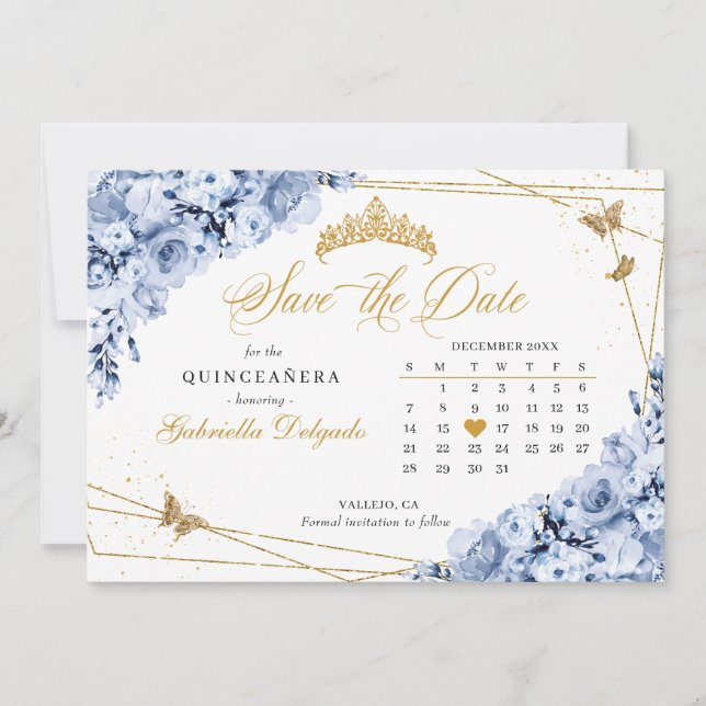 Dusty Blue & Gold Quinceañera Save the Date Einladung (Vorderseite)
