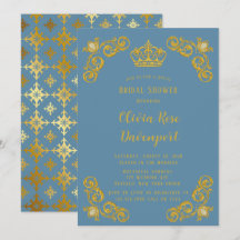 Dusty Blue & Gold Royal Crown Damask Brautparty