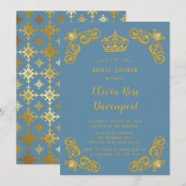 Dusty Blue & Gold Royal Crown Damask Brautparty Einladung