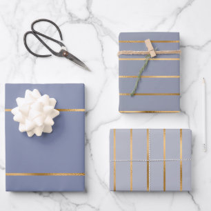 Dusty Blue Gold Streifen Muster Geschenkpapier Set