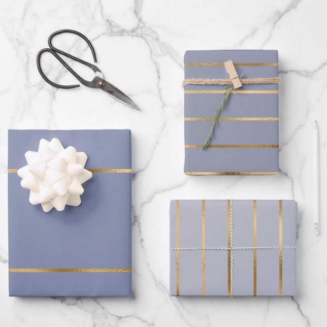 Dusty Blue Gold Streifen Muster Geschenkpapier Set (Vorderseite)