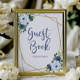Dusty Blue Gold Watercolor Floral Guest Book Sign Poster