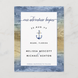 Dusty Blue Gold Watercolor Wedding Save the Date Ankündigungspostkarte