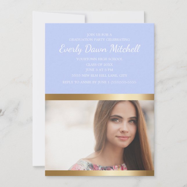 Dusty Blue Gold White Stripe Graduation Party Save The Date (Vorderseite)