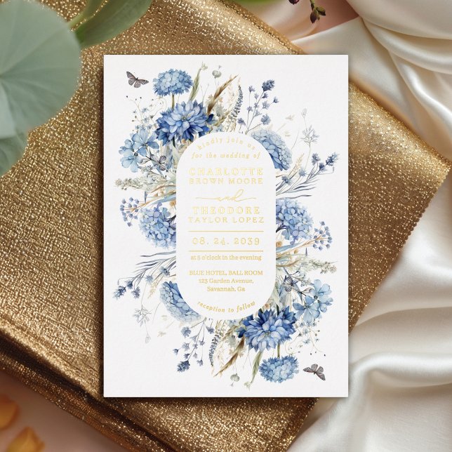 Dusty Blue & Gold Wildblume Rustikale Chic Wedding Folieneinladung (Von Creator hochgeladen)