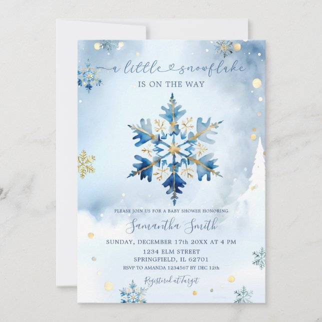 Dusty Blue Gold Winter Snowflake Babydusche Einladung (Vorderseite)