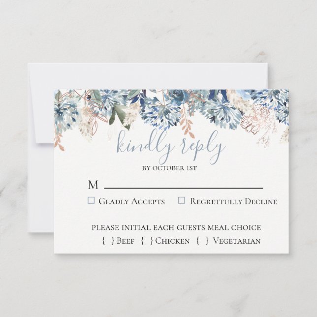 Dusty Blue Golden Botanical Wedding RSVP Card (Vorderseite)