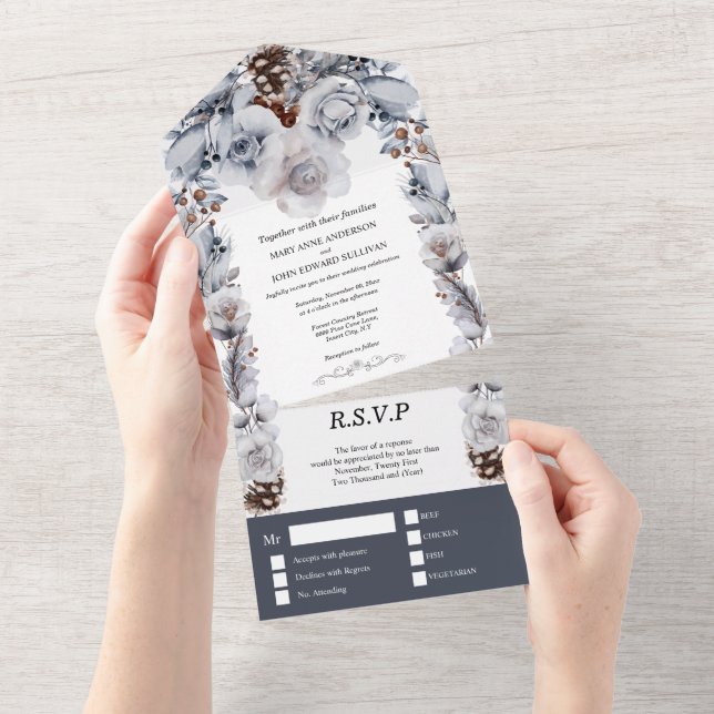 Dusty Blue Graue Wintereis Rose Kiefernkegel Hochz All In One Einladung (Abreißen)