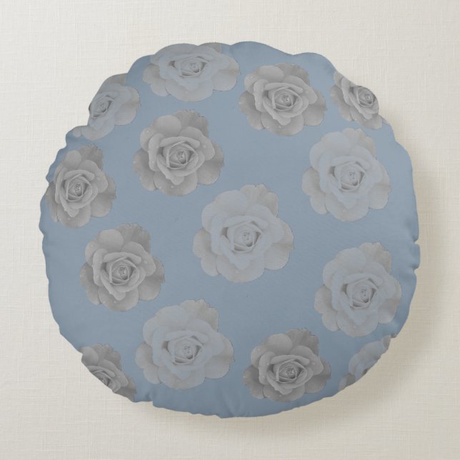 Dusty Blue Gray Floral Gray Dark Elegant Klasse Rundes Kissen (Vorderseite)