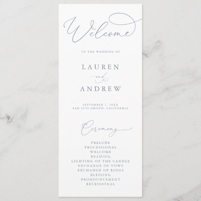 Dusty Blue Gray Minimalistische Hochzeit Programm (Vorderseite)