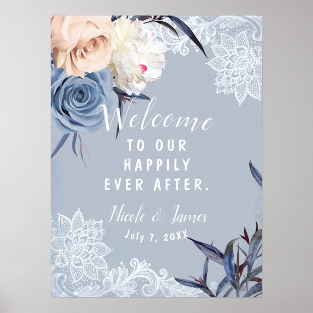 Dusty Blue Gray & Peach Floral Lace Wedding Sign Poster (Vorne)
