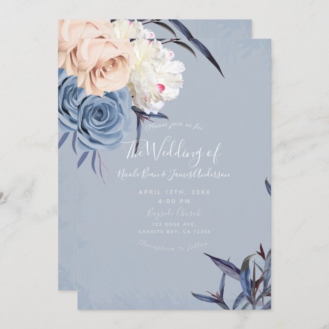 Dusty Blue Gray & Peach Floral Wedding Einladung (Vorne/Hinten)