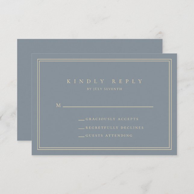 Dusty Blue-Gray und Gold Moderne Minimalistische H RSVP Karte (Vorne/Hinten)