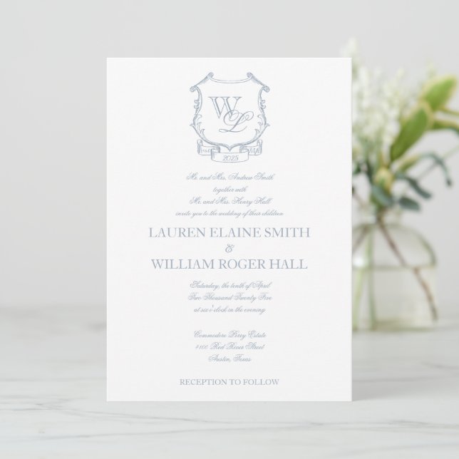 Dusty Blue Gray Wappen Hochzeit Einladung (Stehend Vorderseite)