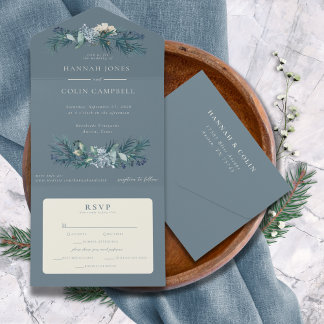 Dusty Blue Gray Winter Floral Wedding All In One Einladung