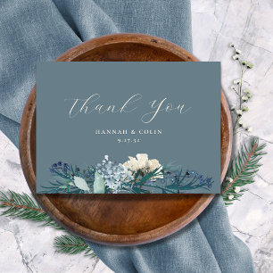 Dusty Blue Gray Winter Floral Wedding Dankeskarte