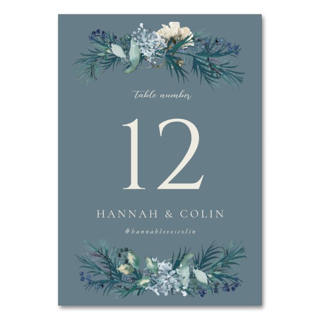 Dusty Blue Gray Winter Floral Wedding Tischnummer (Vorderseite)