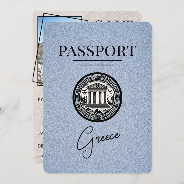 Dusty Blue Greece Passport Save the Date Card (Vorne/Hinten)