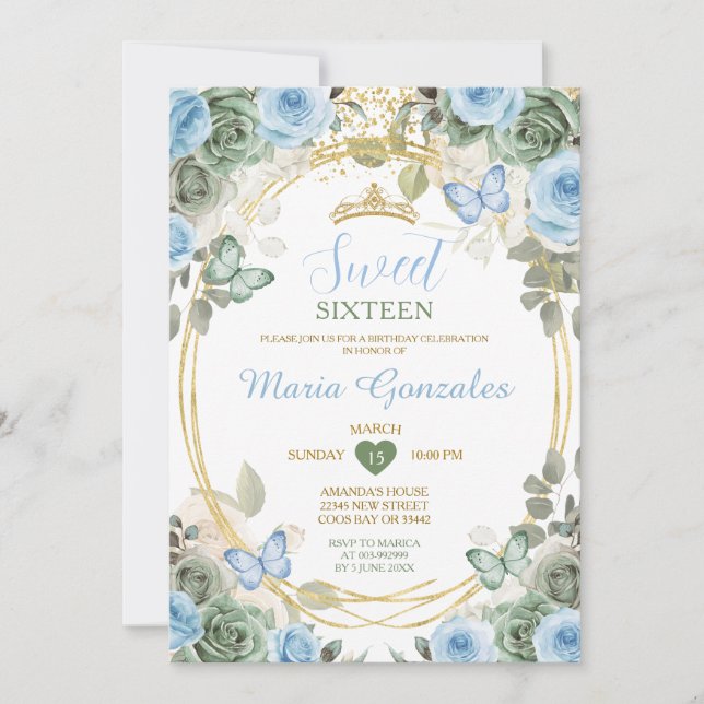 Dusty Blue & Green Floral Butterfly Sweet Sixteen Einladung (Vorderseite)