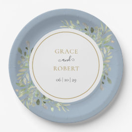 Dusty Blue Greenerage Foliage Gold Wedding Pappteller