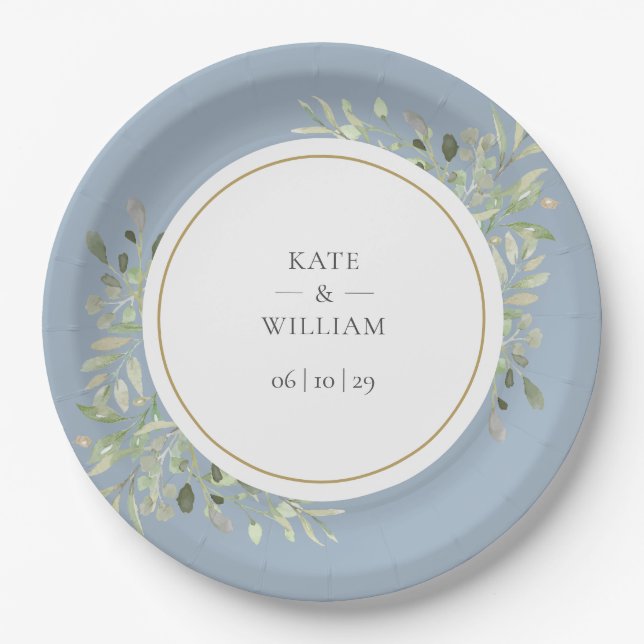 Dusty Blue Greenerity Foliage Wedding Pappteller (Vorderseite)