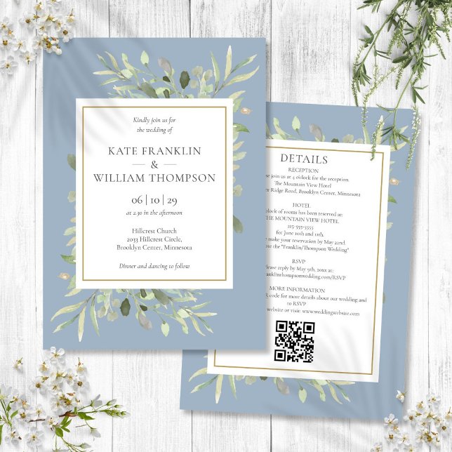 Dusty Blue Greenerity in einem QR Code Wedding Einladung (Dusty Blue Greenery All In One QR Code Wedding Invitation)