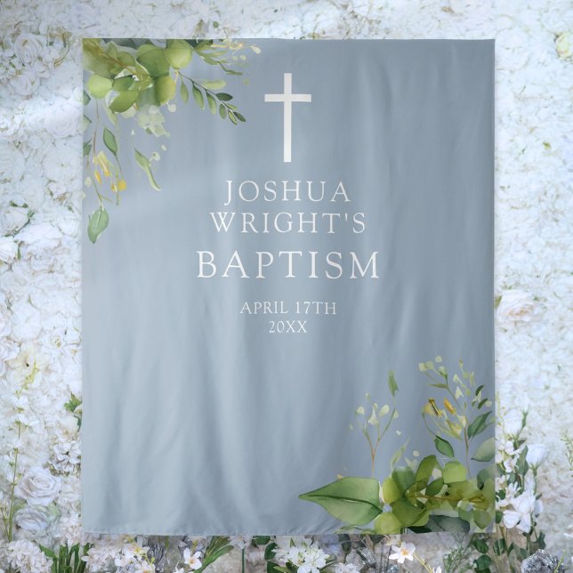 Dusty Blue Greenerity Taufe Foto Hintergrund Wandteppich (Dusty Blue Greenery Baptism Photo Backdrop)