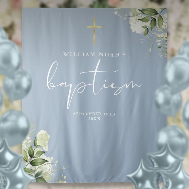 Dusty Blue Greenerity Taufe Foto Hintergrund Wandteppich (Dusty Blue Greenery Baptism Photo Backdrop)