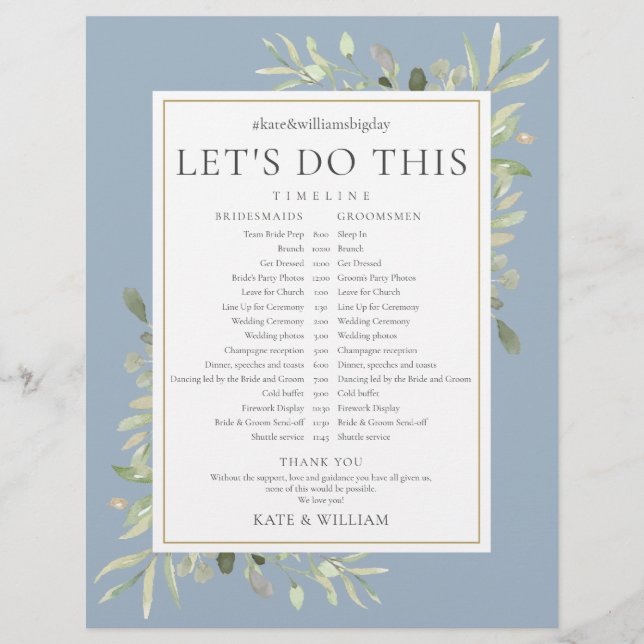 Dusty Blue Greenerity Wedding Zeitplan Timeline (Vorderseite)