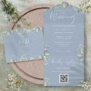 Dusty Blue Greenery Blumenschrift QR Code Wedding All In One Einladung