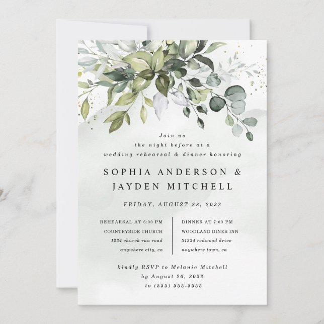 Dusty Blue Greenery Boho Hochzeit Probe Dinner Einladung (Vorderseite)