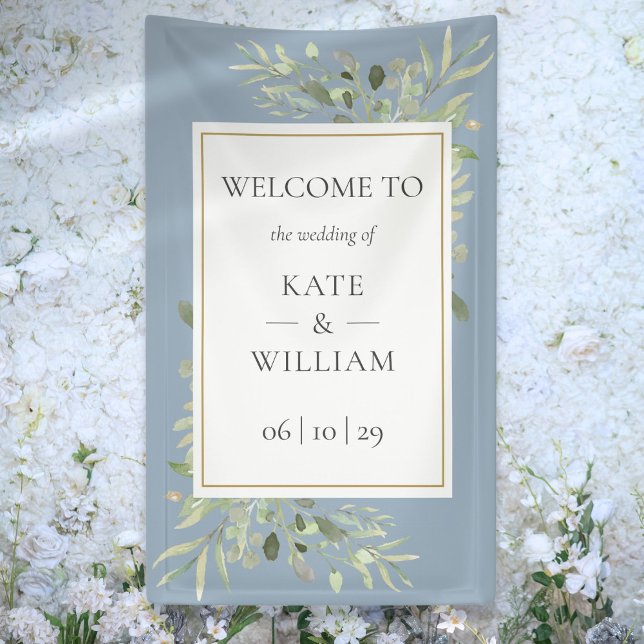 Dusty Blue Greenery Botanische Hochzeit Begrüßungs Banner (Dusty Blue Greenery Botanical Wedding Welcome Sign)
