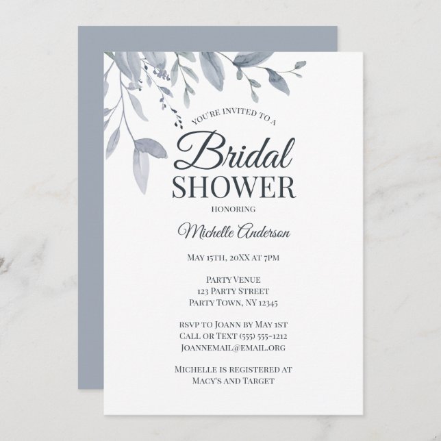 Dusty Blue Greenery Brautparty Einladung (Vorne/Hinten)