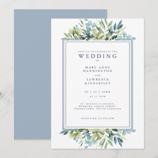 Dusty Blue Greenery Eucalyptus Wedding Einladung (Vorne/Hinten)